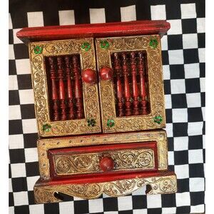 Vintage Handcrafted Thai Lanna Wooden Jewelry Box Armoire